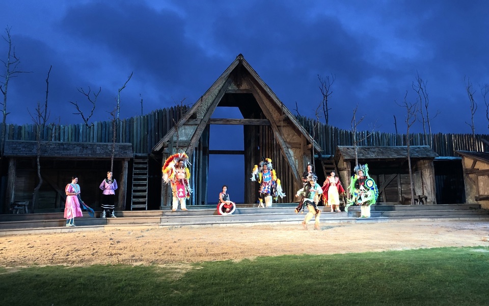 Native American actors on stage at the Waterside Theater in Manteo as a part of the pre-show of The Lost Colony drama