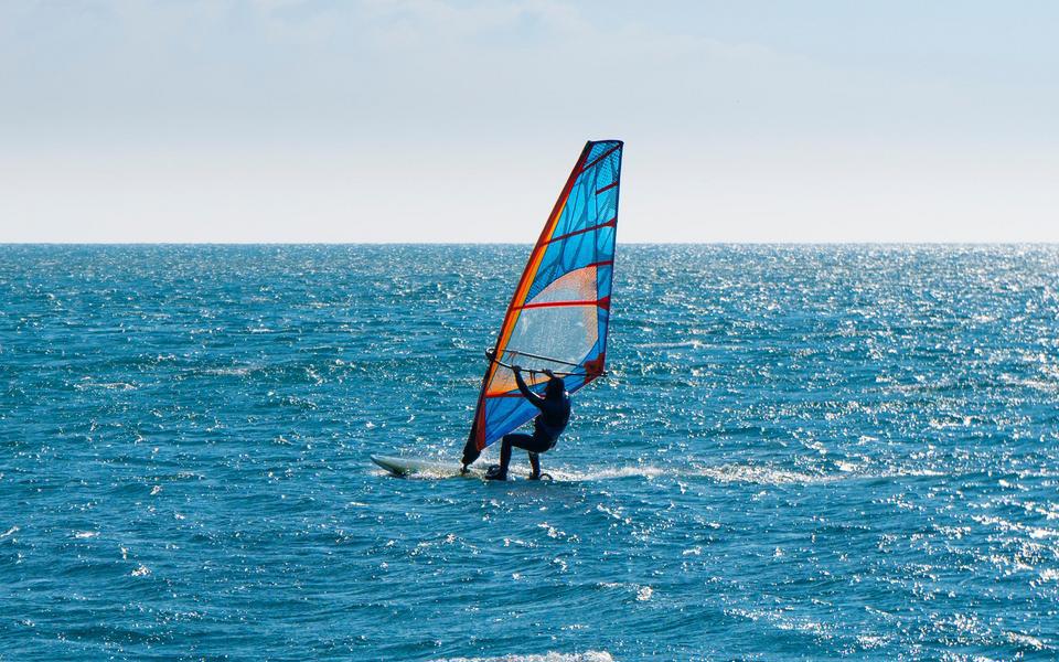 Single bright blue windsurfer with orange trim cuts across an expanse of blue water