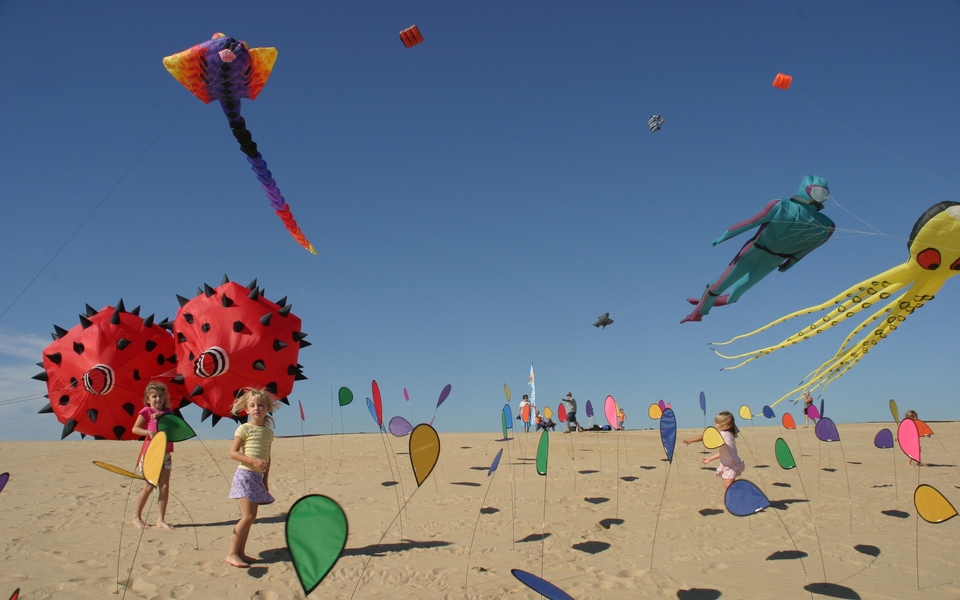 Dozens of colorful kites fill adeep blue sky over Jockey's Ridge as smiling children watch. Octopus and a diver kites fly.