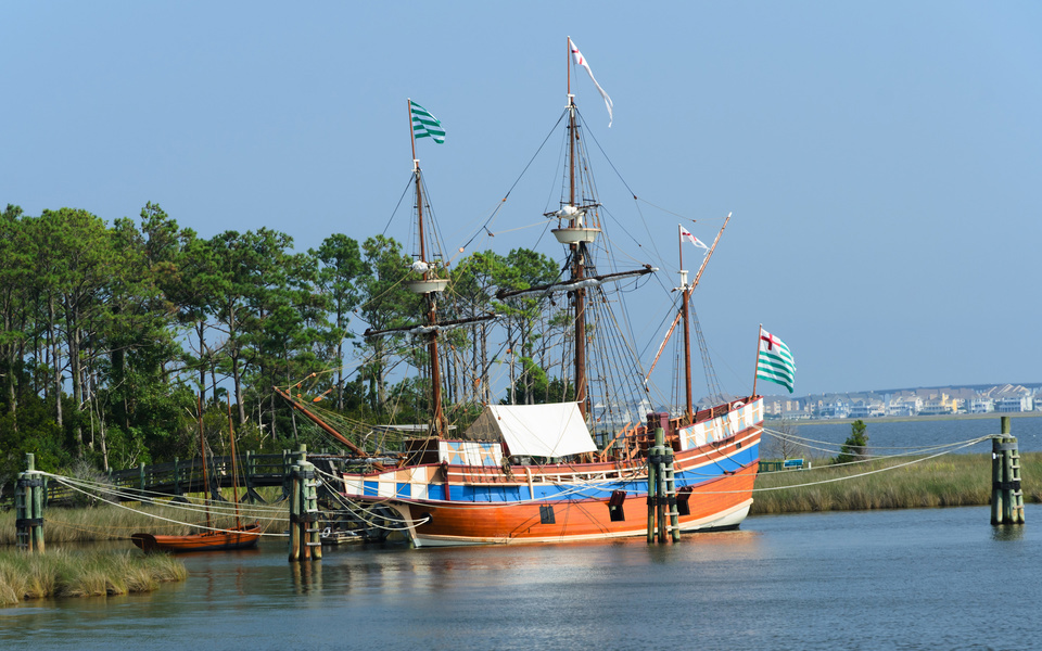 The three masted schooner, The Elizabeth II, docked at Festival Park across from downtown Manteo