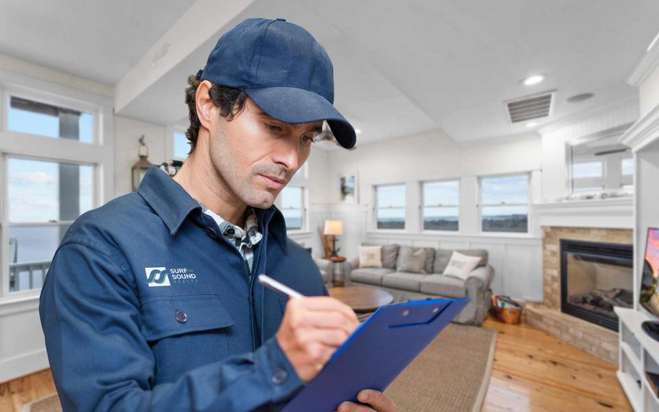 Inspector in a blue jacket and marks a form on his clipboard in a Hatteras Island vacation home as part of his job here