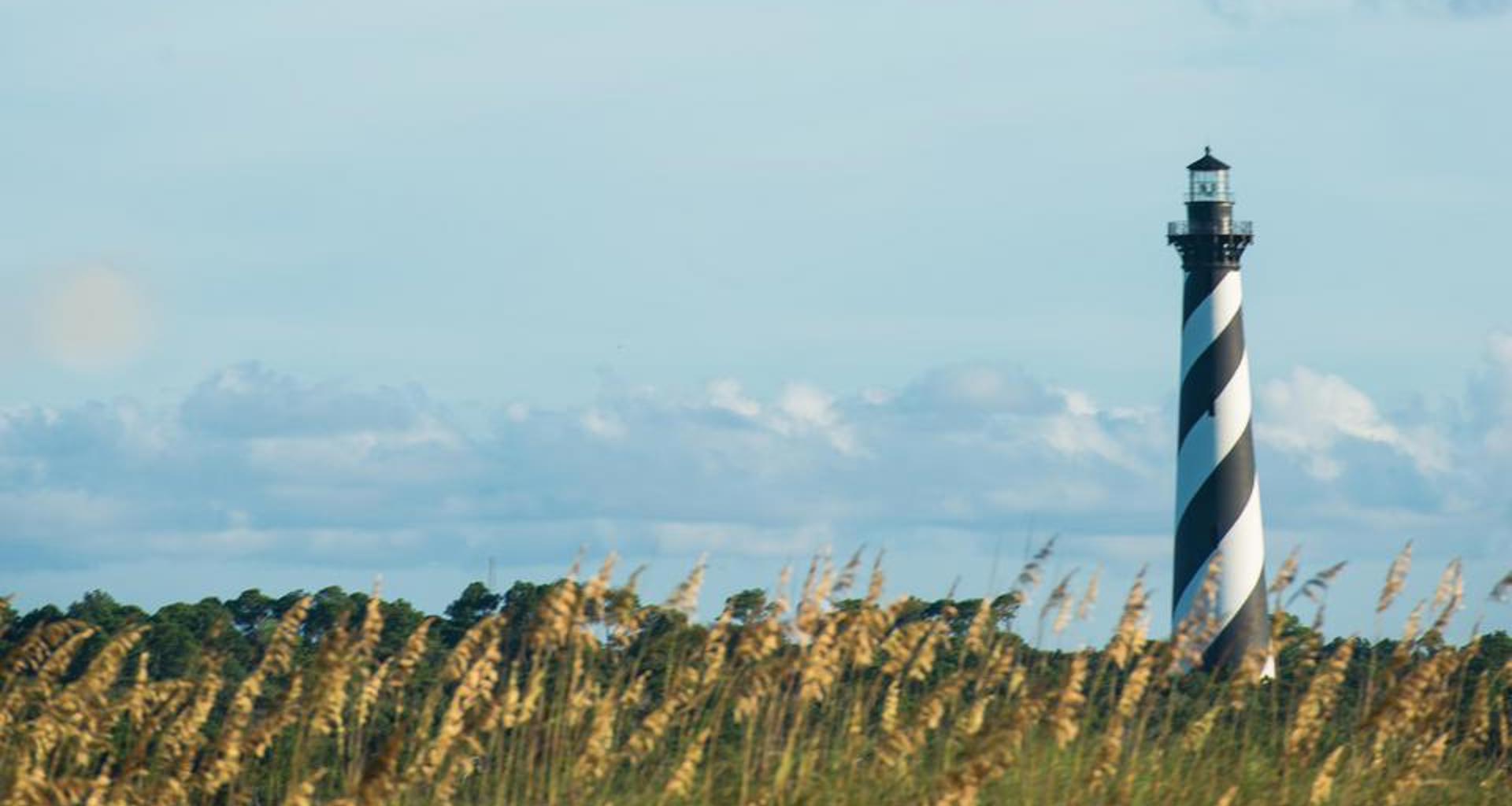 Golden sea oats sway atop in the foreground with the iconic Hatteras Lighthouse standing tall on the right side of the frame