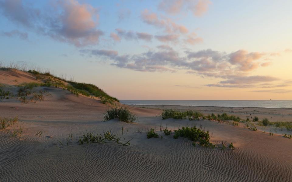 Beach dunes and tufts of sea grasses glow in pre-dawn glory before a light blue sky fading into pale orange over the ocean
