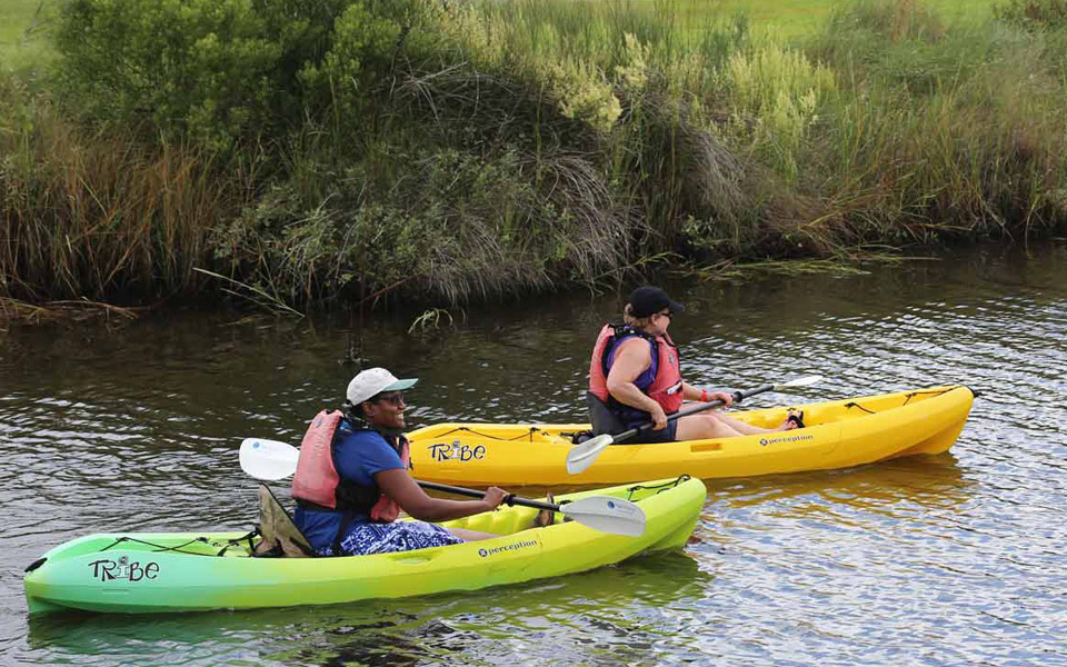 Two bright yellow kayaks traverse a canal from left to right with lush foliage along the far bank