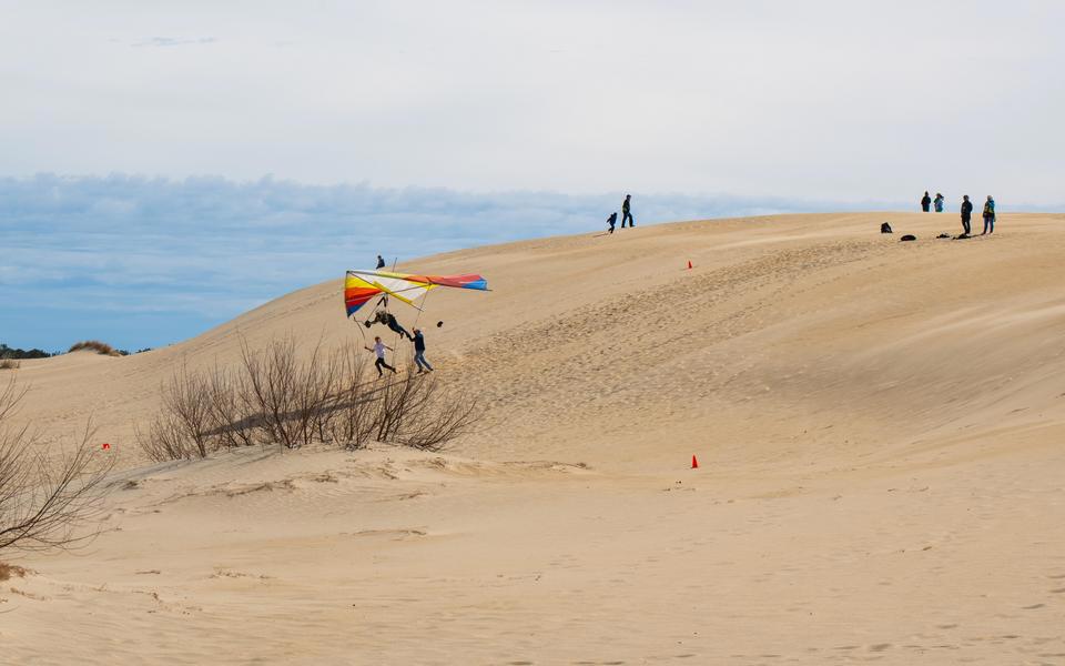 A colorful hang glider floats down a large dune face as a few observers watch from the top of Jockey's Ridge