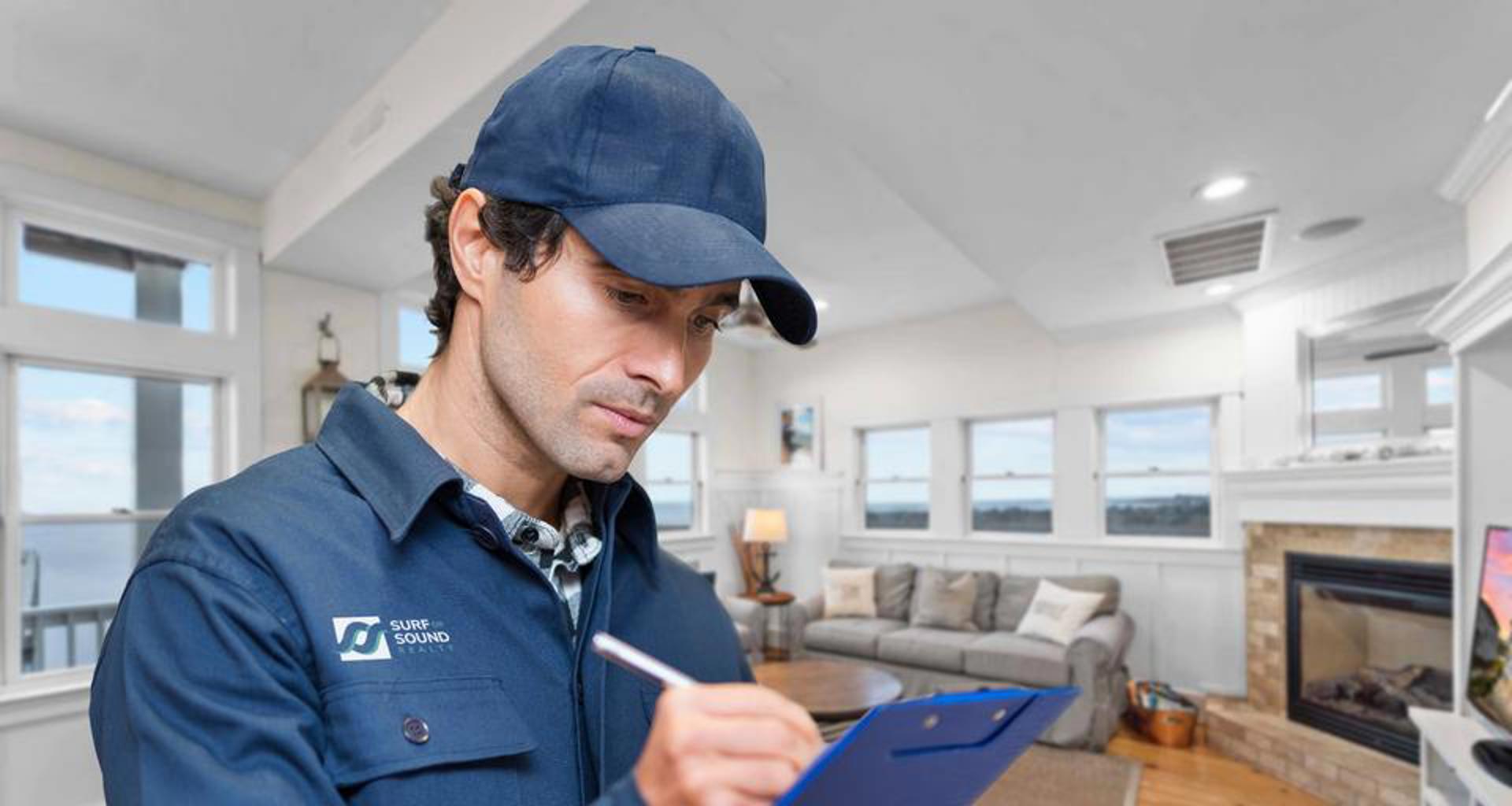 Inspector in a blue jacket and marks a form on his clipboard in a Hatteras Island vacation home as part of his job here